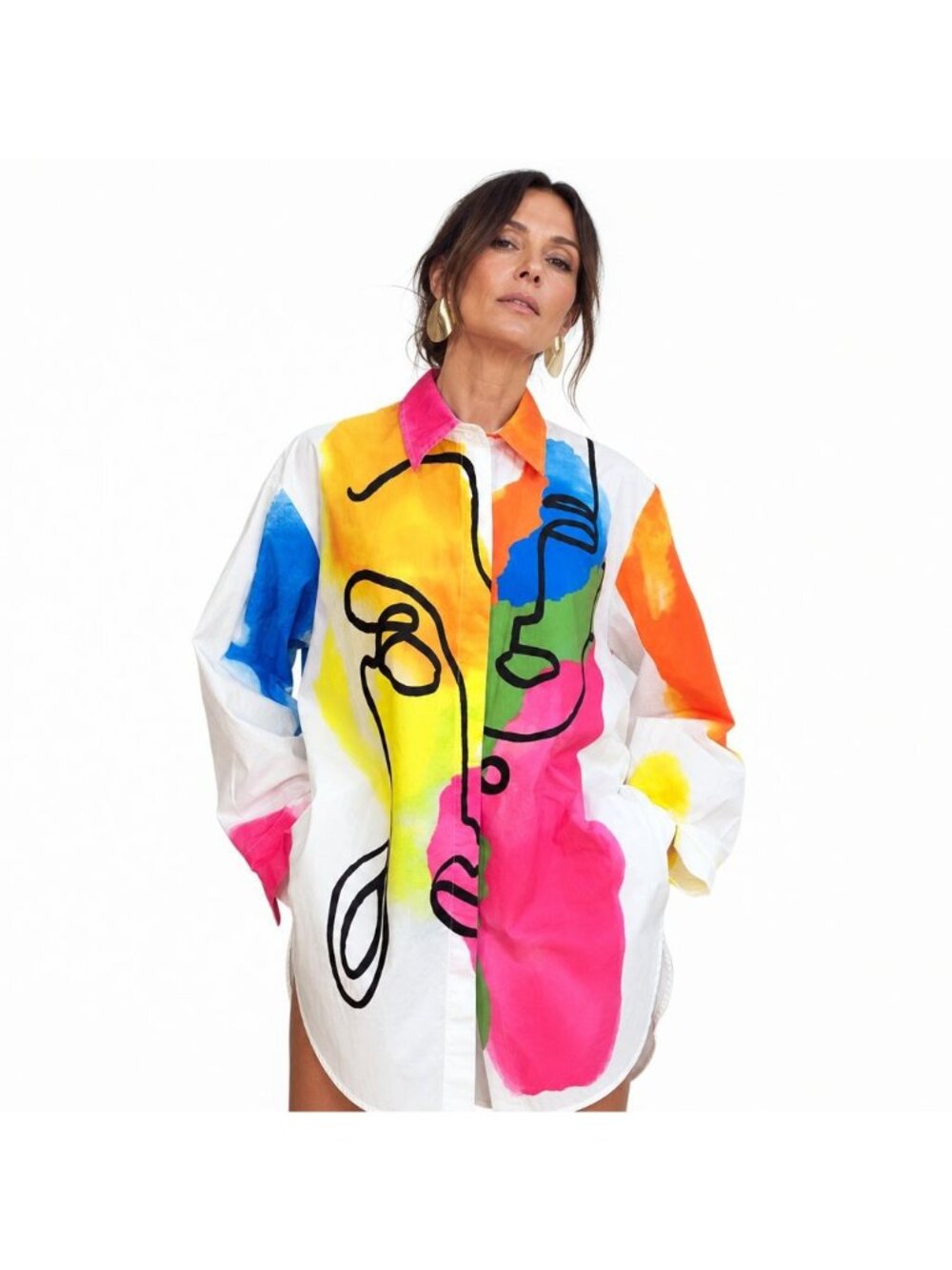 Abstract Picasso Face Print Button-Up Shirt Lior Paris Women L Artsy Statement
